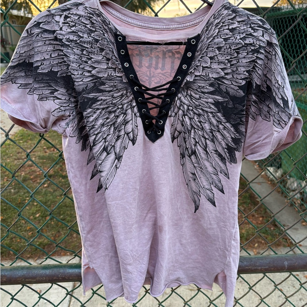 Affliction Pink V-Neck Lace-Up T-Shirt